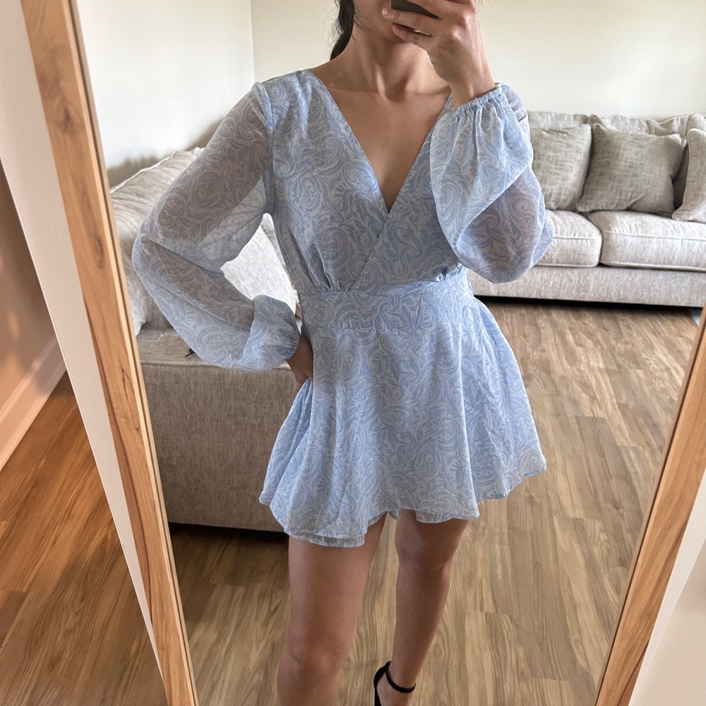 SOLD Blue Floral Long Sleeve Jumpsuit Dress | V Neck Jumpsuit Skort